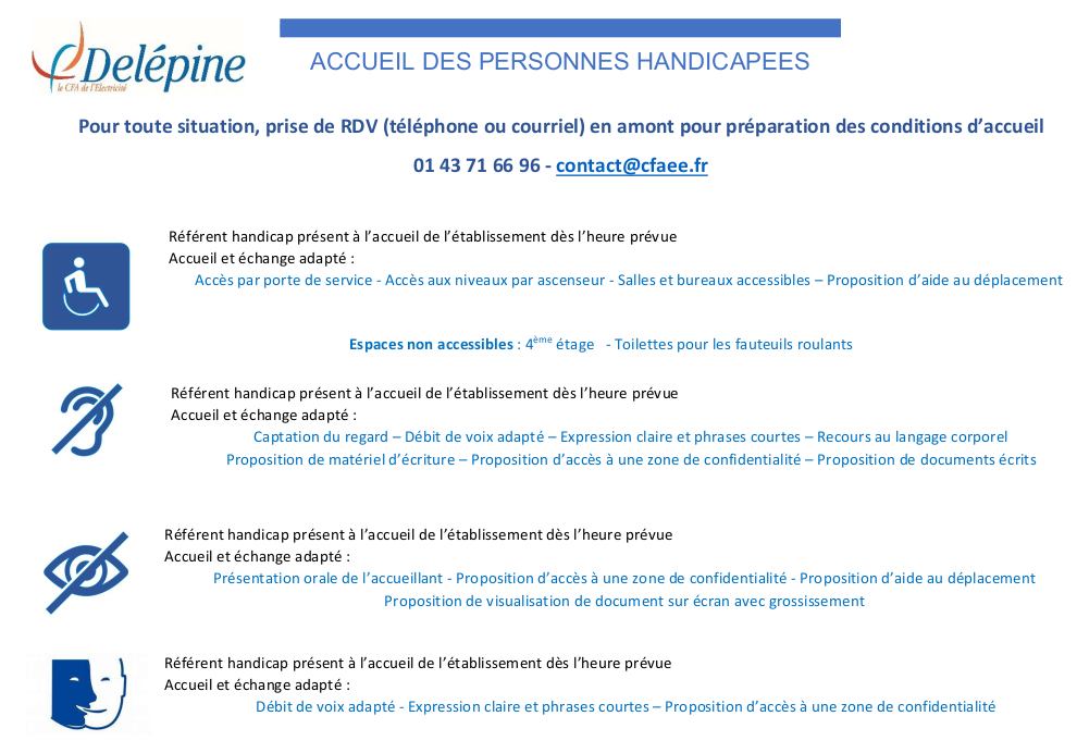 Fiche présentant les diverses modalités d'acceuil au CFA selon les divers types de handicap.